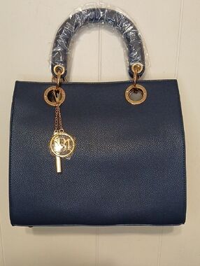 Badgley Mischka Elegant Navy Tote Bag with Gold Accent Charm
